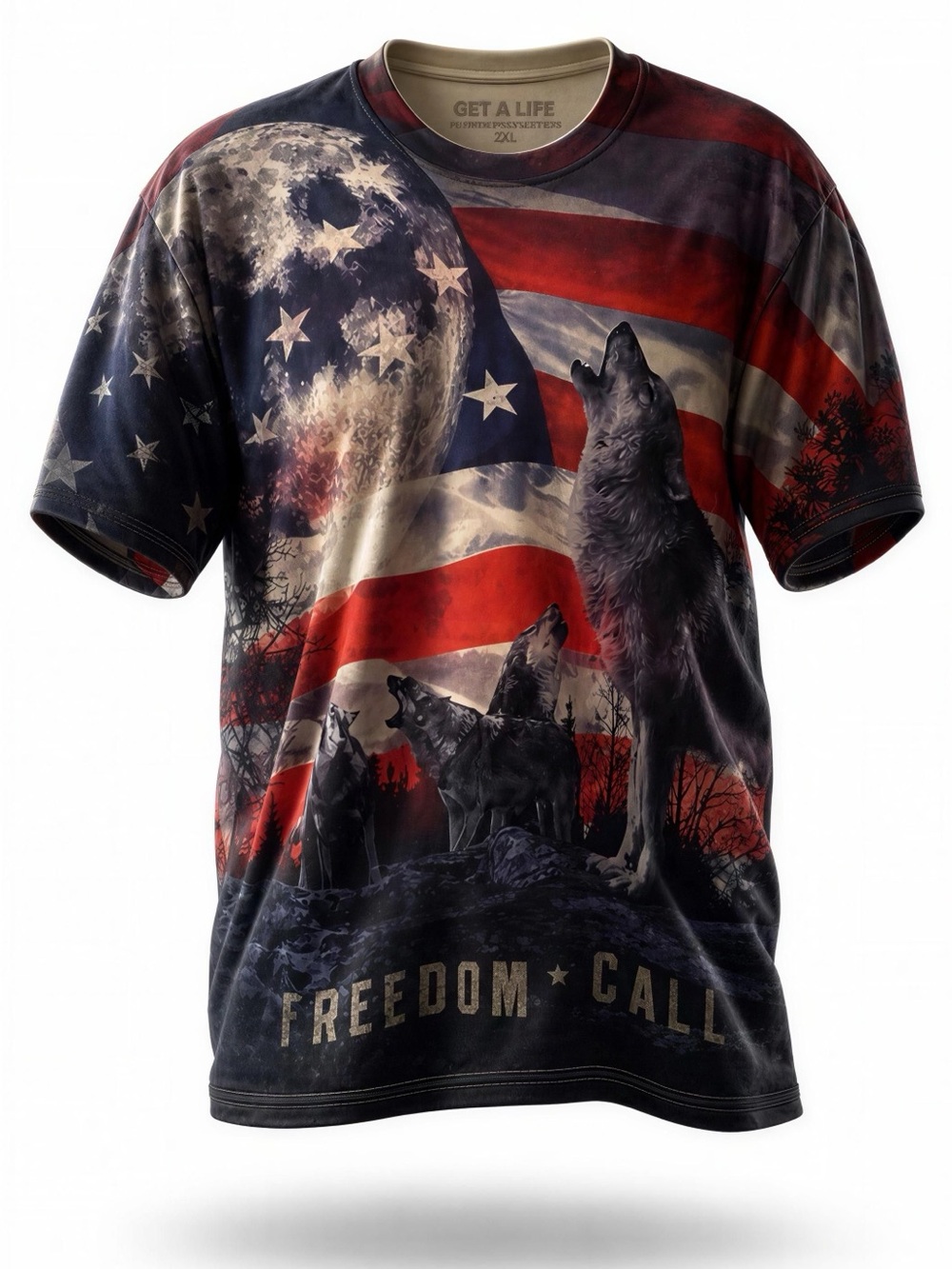"Freedom Call" Wolf & Flag Graphic Tee - Red, Blue, White